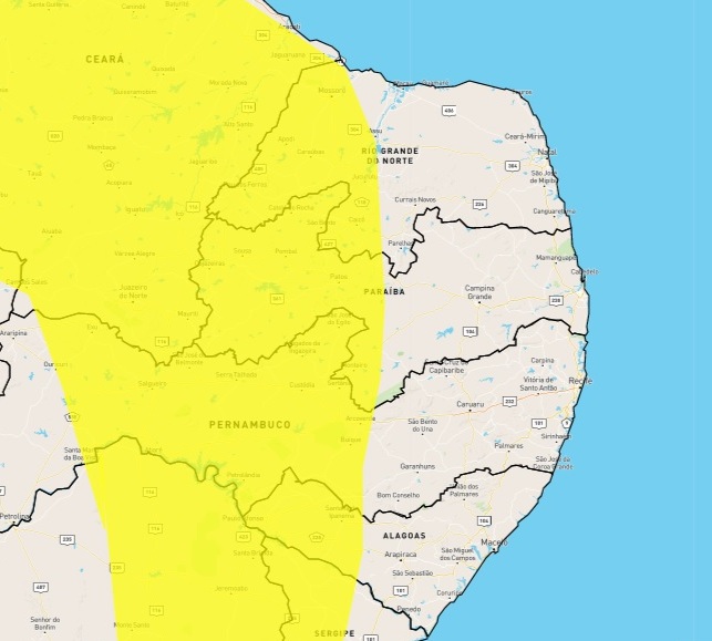 Paraíba tem 102 cidades incluídas em alerta de perigo na faixa amarela por chuvas intensas