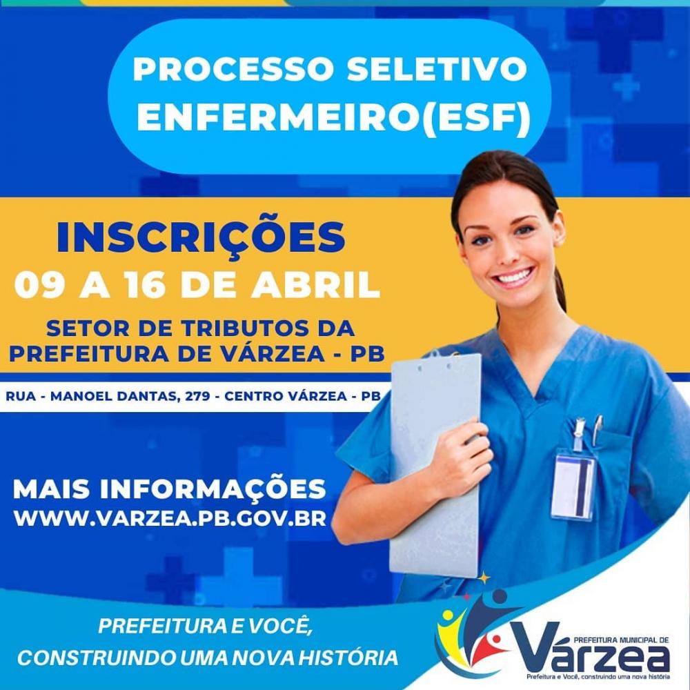 Prefeitura Municipal de Várzea inscreve Enfermeiro pra processo Seletivo