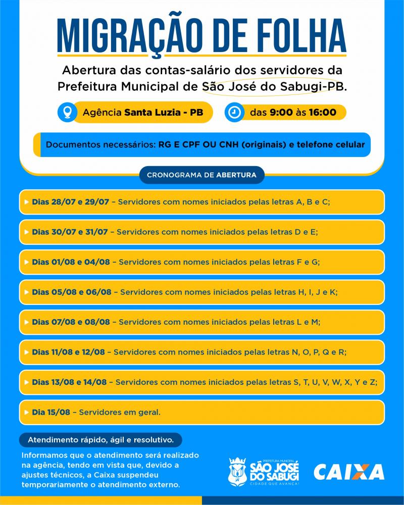 Migração da folha de pagamento dos servidores para a Caixa Econômica tem início dia 28 de julho